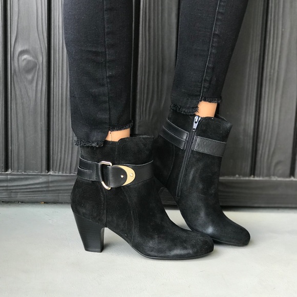 Black Distressed Suede Block Heel Ankle Booties - Picture 4 of 8